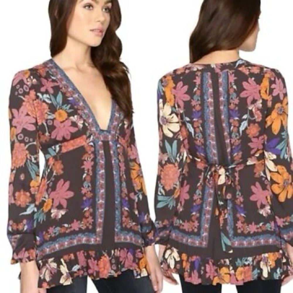 Free People Cream Floral Mini Dress or Blouse w/Ties - Picture 8 of 11